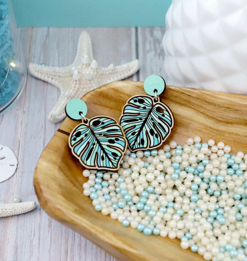 beaded monstera earrings Monstera Dangle Earrings