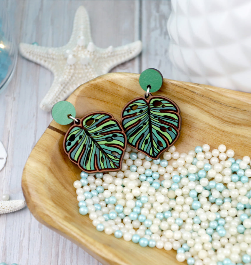 Monstera Dangle Earrings - Cherry